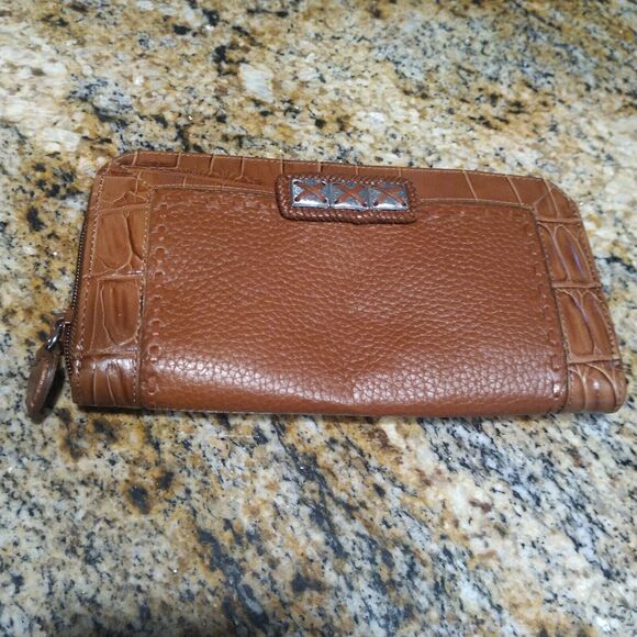 Brighton Croc Pebble Leather Full Zip Wallet Brown Clutch 8" Long - Picture 1 of 9